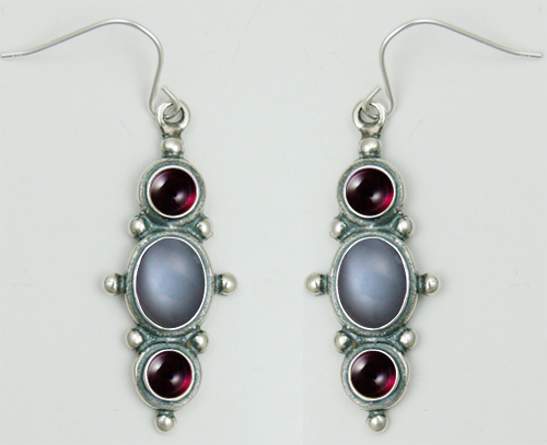 Sterling Silver Drop Dangle Earrings With Grey Moonstone And Garnet
